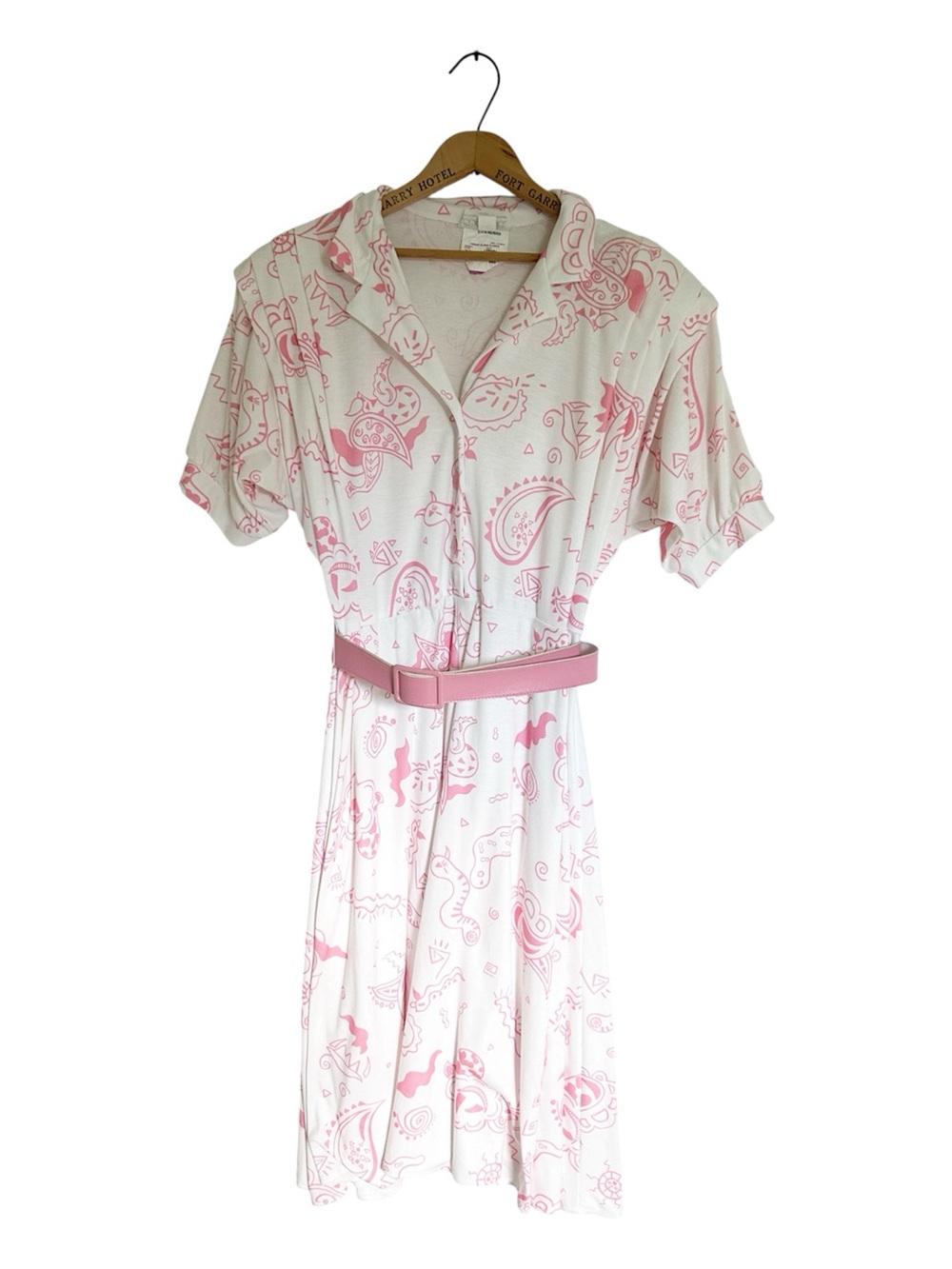 Retro 80’s Pink and White Printed Lightweight Shirt Dress with Belt Size 17/18